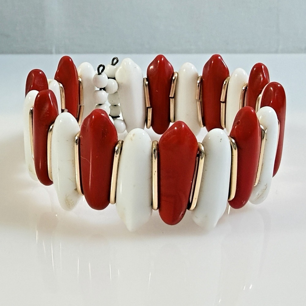 Vintage Cuff Bracelet Red White Glass Flexible Wire Chunky Mod Statement 6"